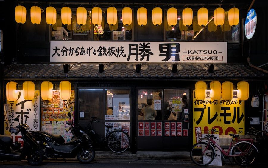 Traditional izakaya in Kyoto at night with warm lanterns
