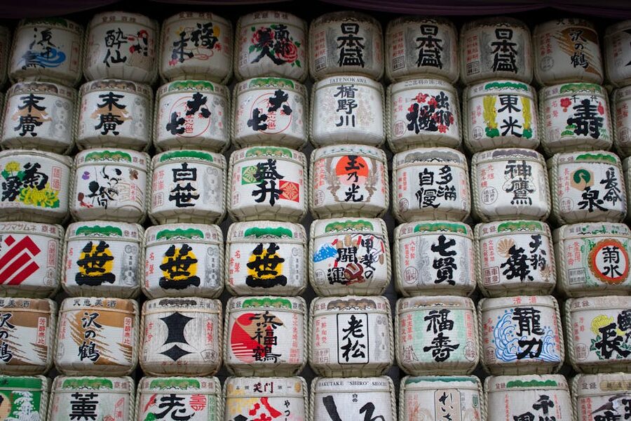 Display of traditional sake barrels
