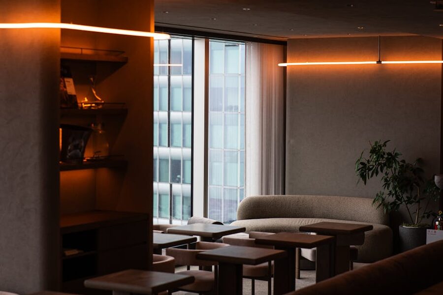 Modern Tokyo bar lounge with warm ambient lighting