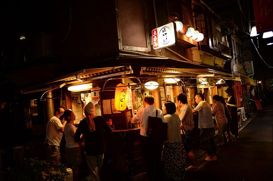 Counter scene at a Japanese tachinomi standing bar
