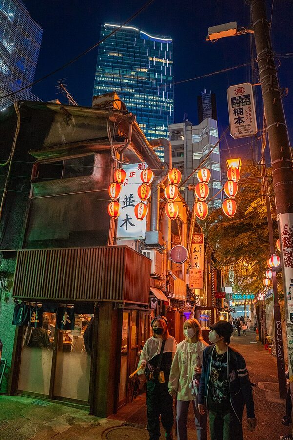 Lit shopfronts in Nonbei Yokocho near Shibuya station
