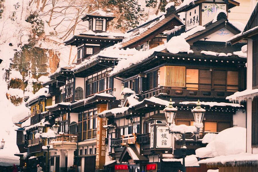 Snowy traditional Japanese architecture in Tohoku winter