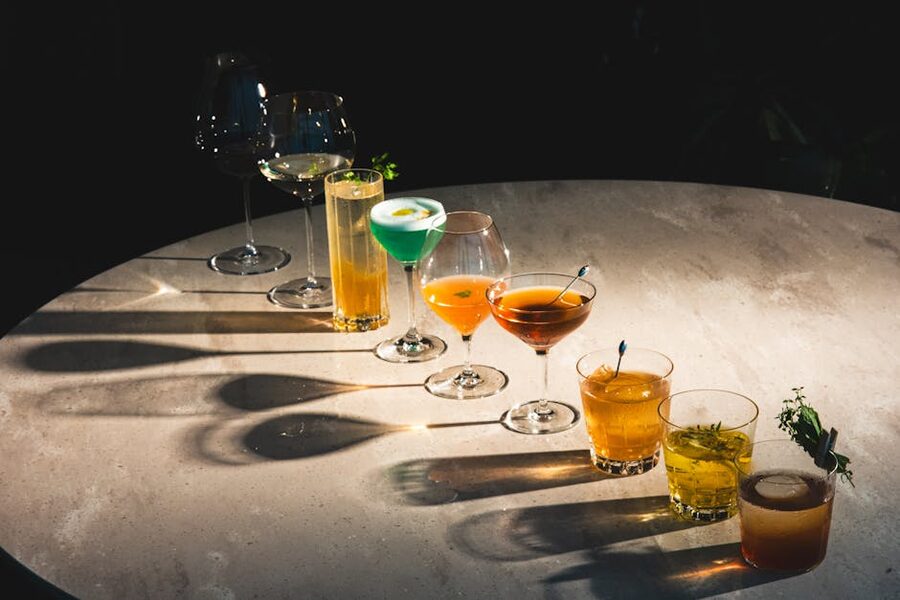 Assorted cocktails on a marble table, Tokyo bar