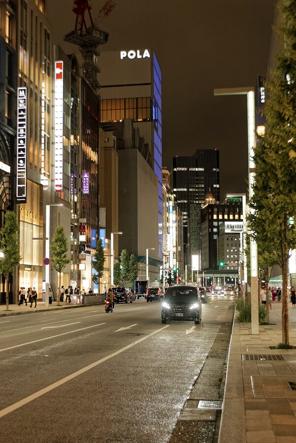Ginza Tokyo at night with neon facades