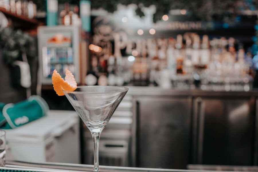 Martini glass with orange peel on a Tokyo bar counter