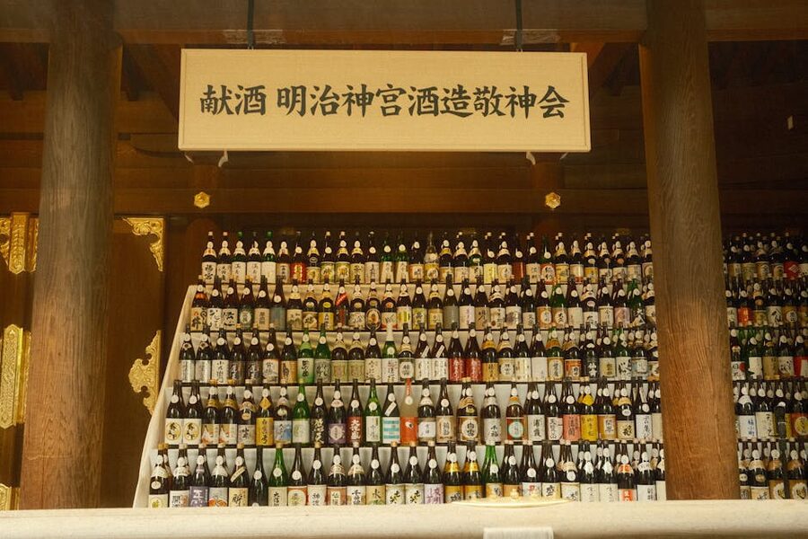 Sake barrels stacked at a Tokyo shrine