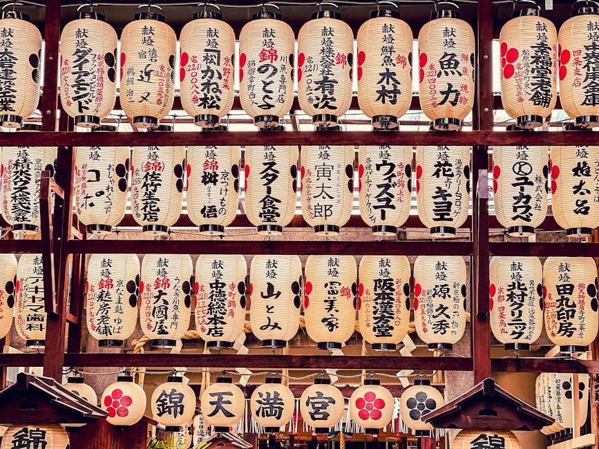 Paper lanterns with kanji at a traditional Japanese bar