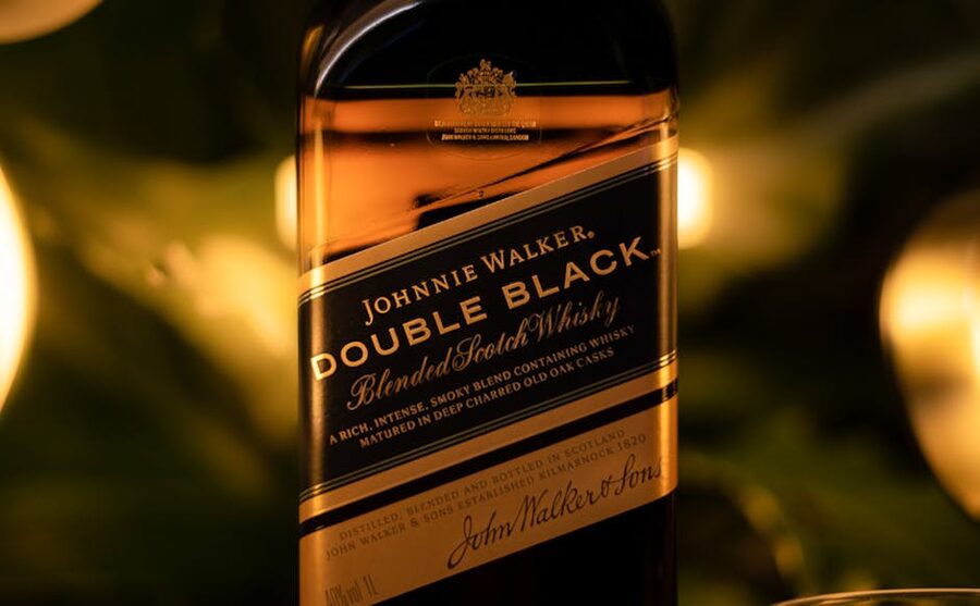 Close-up of a Johnnie Walker Double Black Scotch whisky bottle