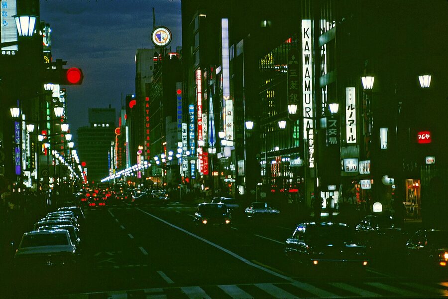 Ginza street scene at night, Tokyo, 1971