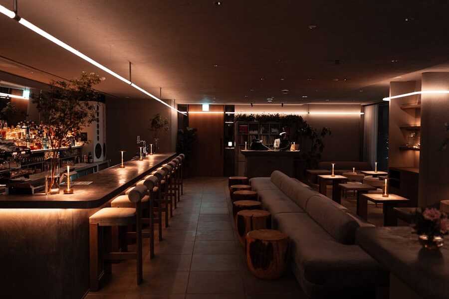 Sophisticated Tokyo bar lounge interior with ambient lighting