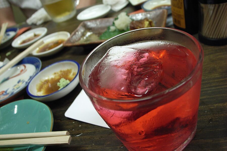 Red umeshu with deep crimson colour, made with red shiso